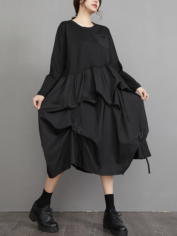 Long Sleeves Loose Split-joint Color Round-neck Midi Dresses