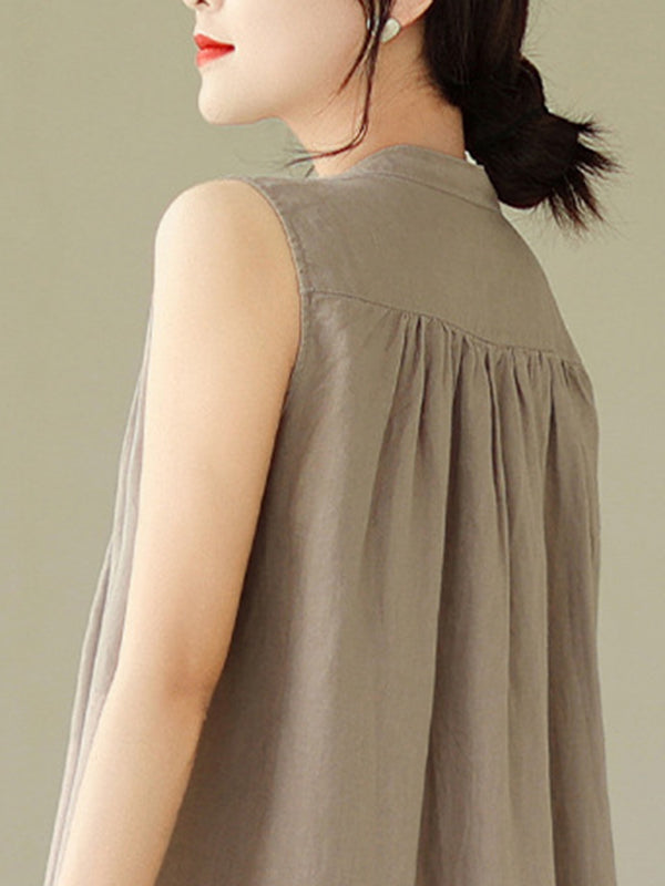A-line Sleeveless Buttoned Pleated Color Round-neck Midi Dresses