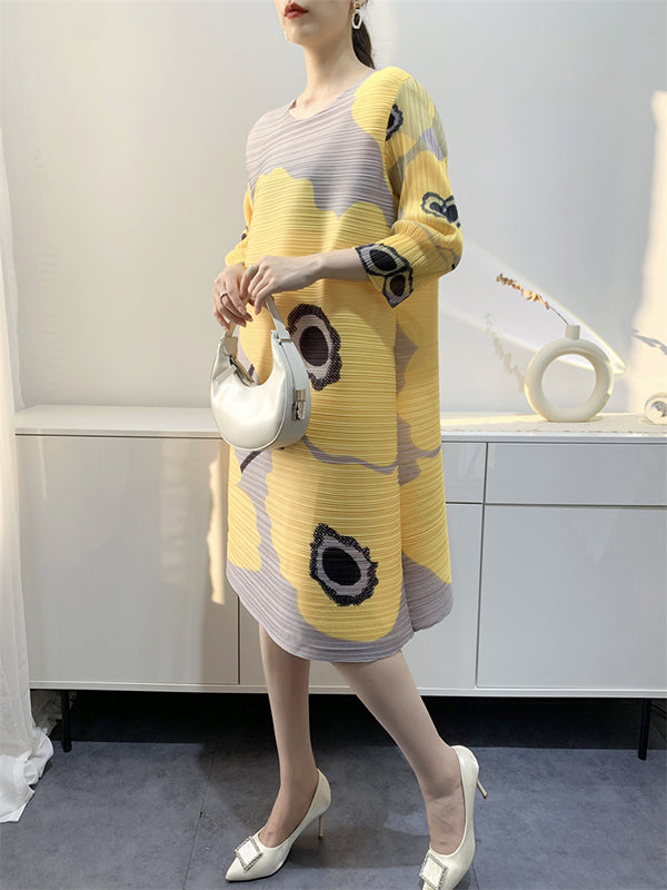 Original Three-quarter Sleeves Loose Printed Contrast Color Pleated Round-neck Midi Dresses