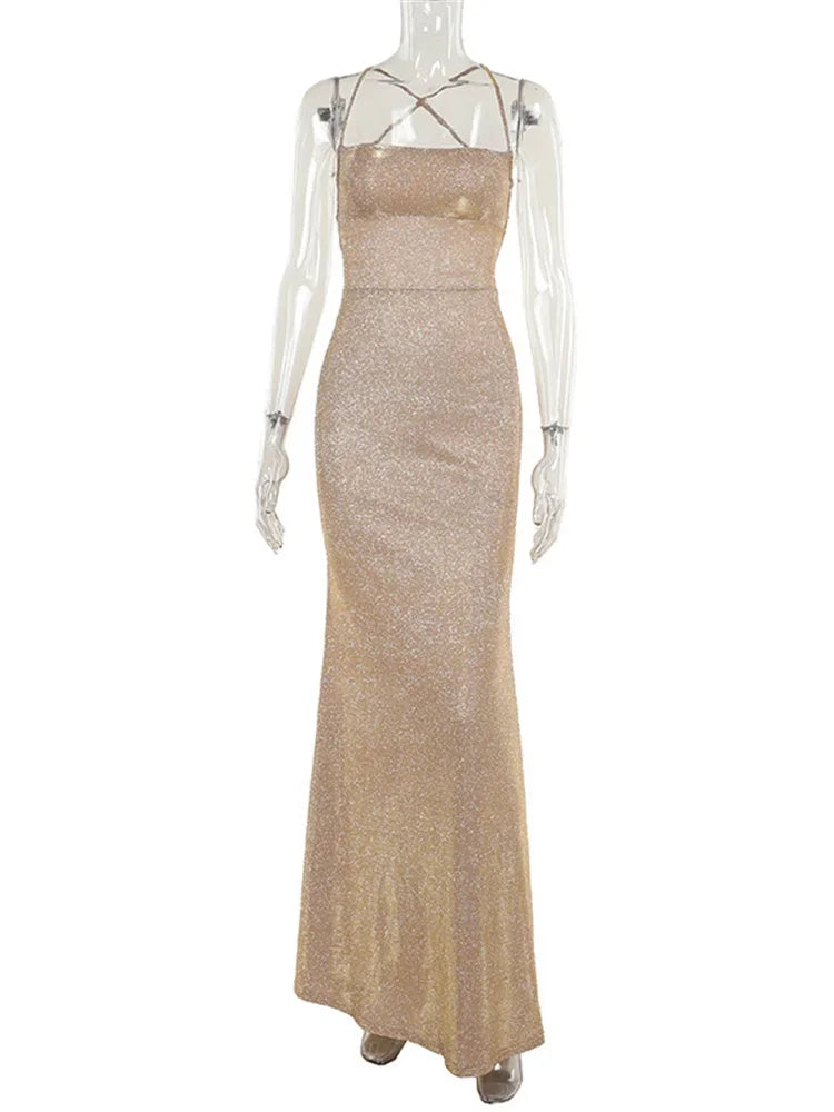 Glitter Backless Long Dress ’s Bandage Autumn Slim Sparkle Lace-up Dress Party Dress