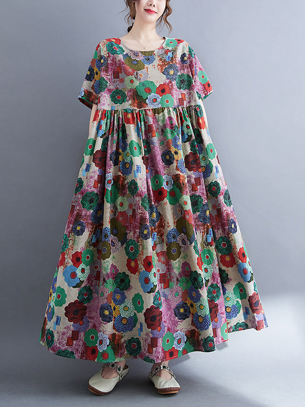 Loose Multi-colored Printed Midi Dress