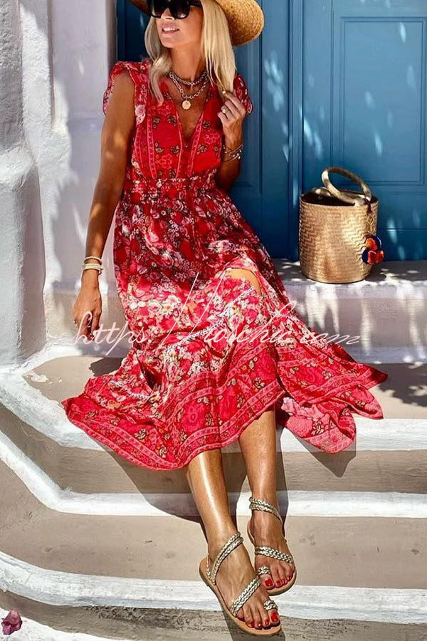 Summer in Greece Print Ruffle Sleeve Elastic Waist High-low Midi Dress