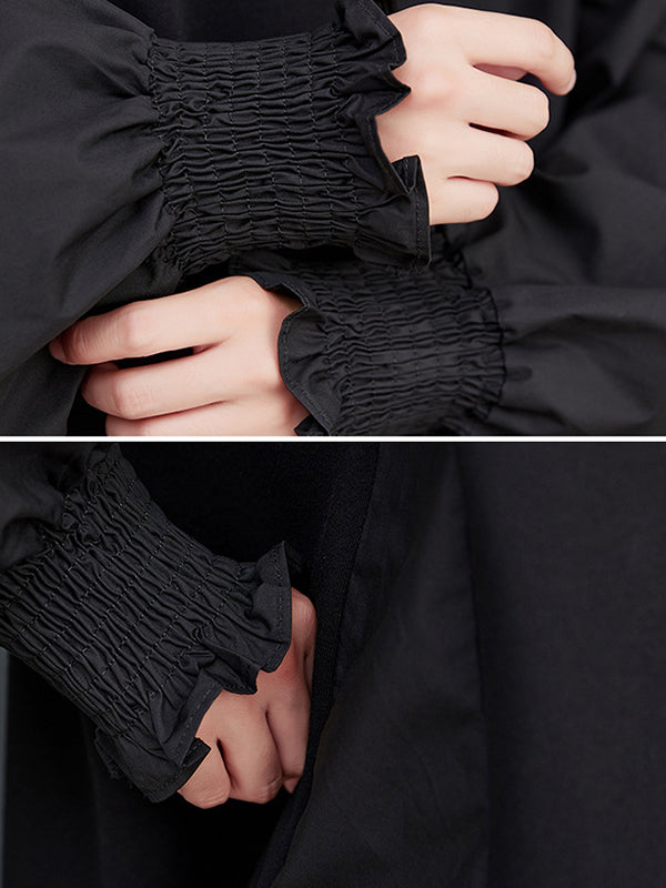 Loose Puff Sleeves Pleated Color Split-joint Round-neck Midi Dresses