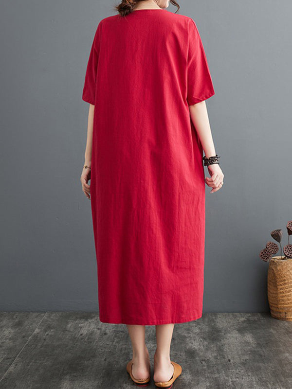 A-line Loose Chinese Frog Buttons Pockets Color Split-side V-neck Midi Dresses