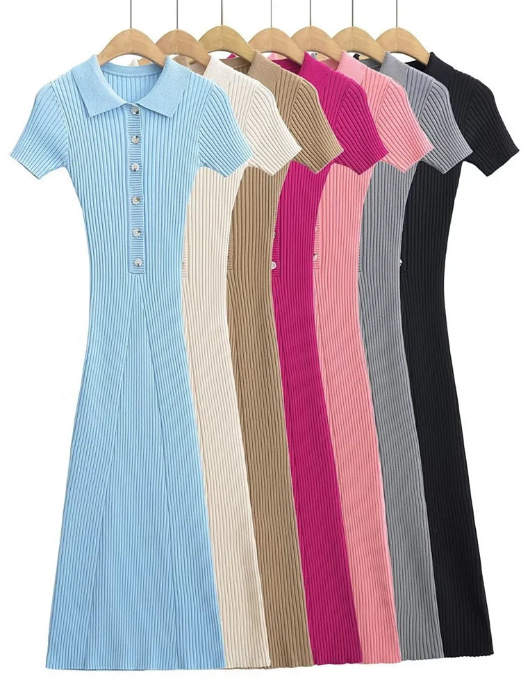 Ribbed High Waist Slim Maxi Dress for Knitwear Lapel Party Dress Gown Short Sleeve Knit Dress