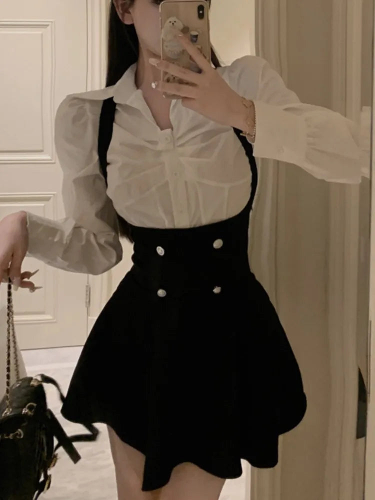 Y2k 3 Piece Set Cropped Coat + Long Sleeve Shirt + High Waist Halter Ruffles Mini Dress Korean Outfits