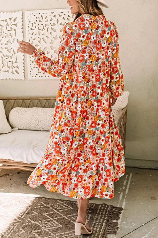 Print Loose Long Sleeve Midi Dress