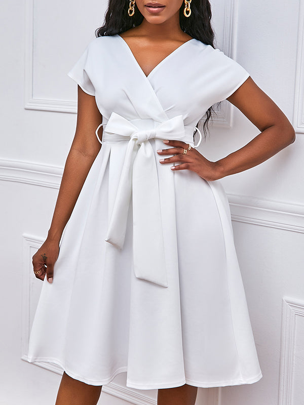 Bowknot Lace-up Color V-neck Midi Dresses
