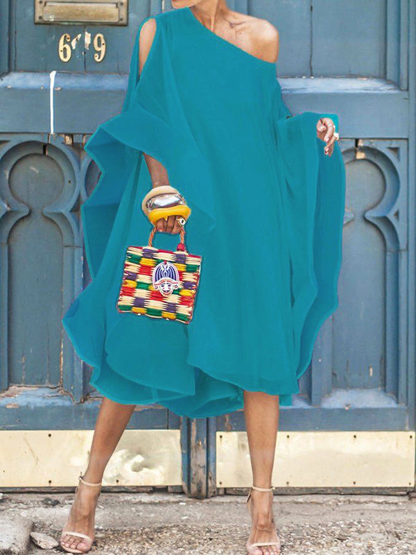 Batwing Sleeves Asymmetric Color Cold Shoulder Midi Dresses
