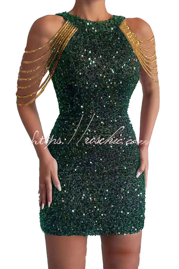 Looking at the Glamorous View Sequin Tassel Shoulder Cocktail Mini Dress
