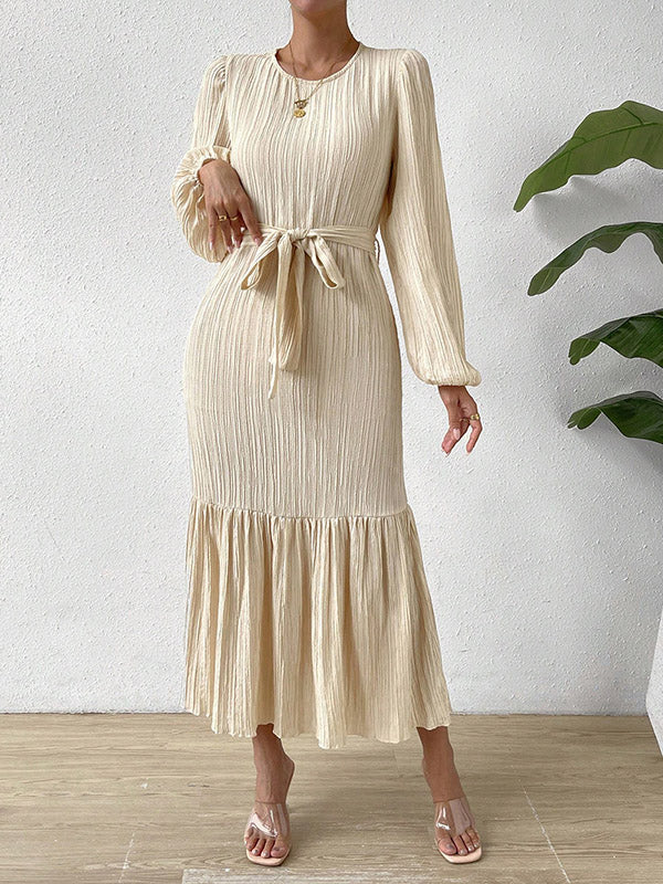 A-line Long Sleeves Elasticity Pleated Color Split-joint Tied Waist Round-neck Midi Dresses