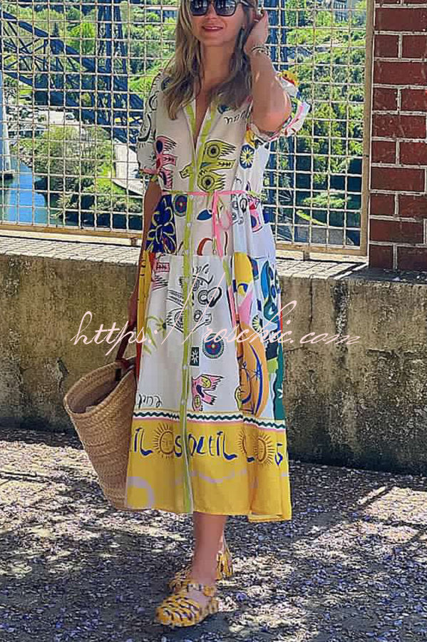 Chasing the Sun Unique Print Pocketed Shirt Midi Dress