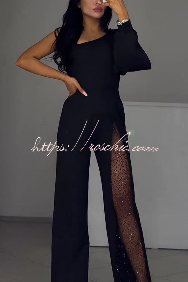 Fashionable Oblique Shoulder One-sleeve High Slit Slim Jumpsuit