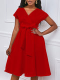 Bowknot Lace-up Color V-neck Midi Dresses