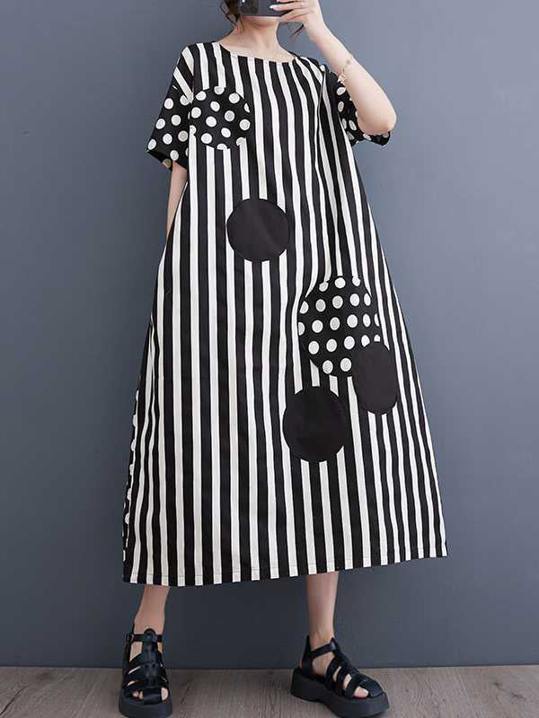 Loose Short Sleeves Polka-dot Striped Round-neck Midi Dresses