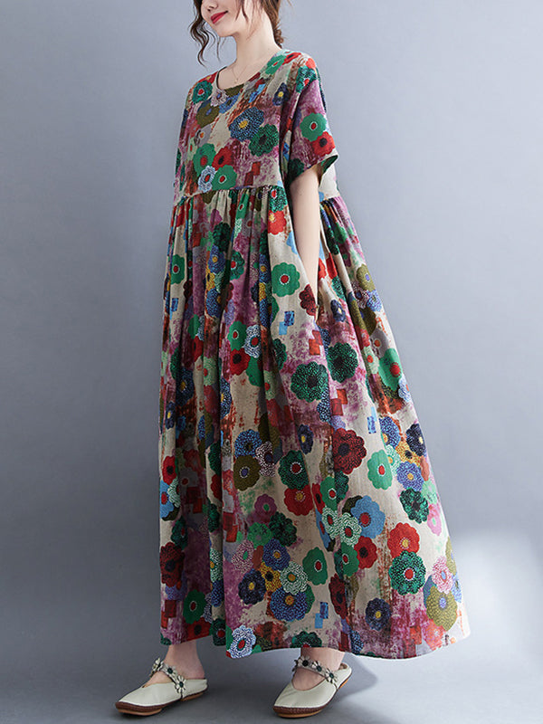 Loose Multi-colored Printed Midi Dress