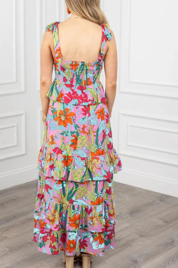 Multicolour Print Knot Strap Ruffle Layered Maxi Dress