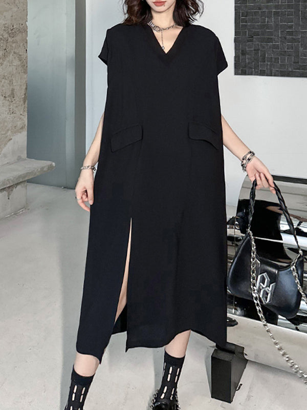 Loose Short Sleeves Asymmetric Color Split-joint Split-side V-neck Midi Dresses