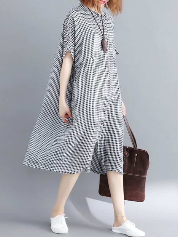 Artistic Retro Loose Split-joint Plaid Buttoned Stand Collar Half Sleeves Midi Dress