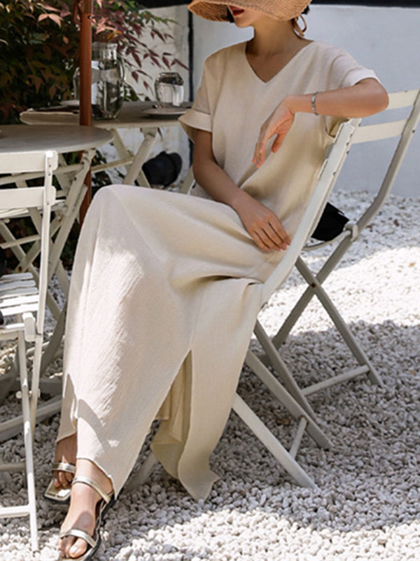 A-line Loose Hollow Color Split-side Tied Waist V-neck Midi Dresses