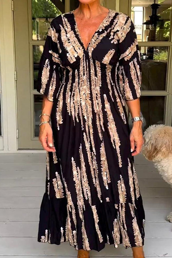 Retro 3\/4 Sleeve Print Midi Dress