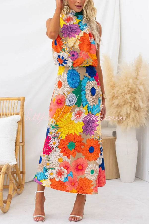 Land of Beauty Print Halter Neck Elastic Waist Party Maxi Dress