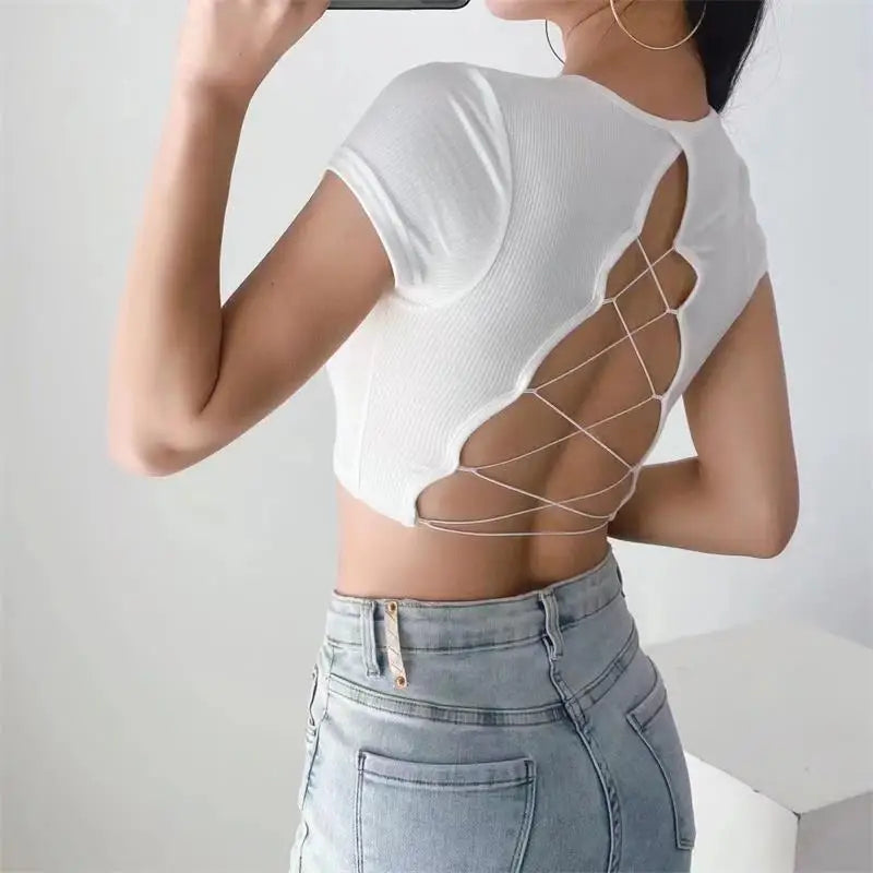 ’s O-neck Backless T-shirt Short Sleeve Color Crop Top Summer Baby Tee Y2k Clothes Skinny Tunics Tops