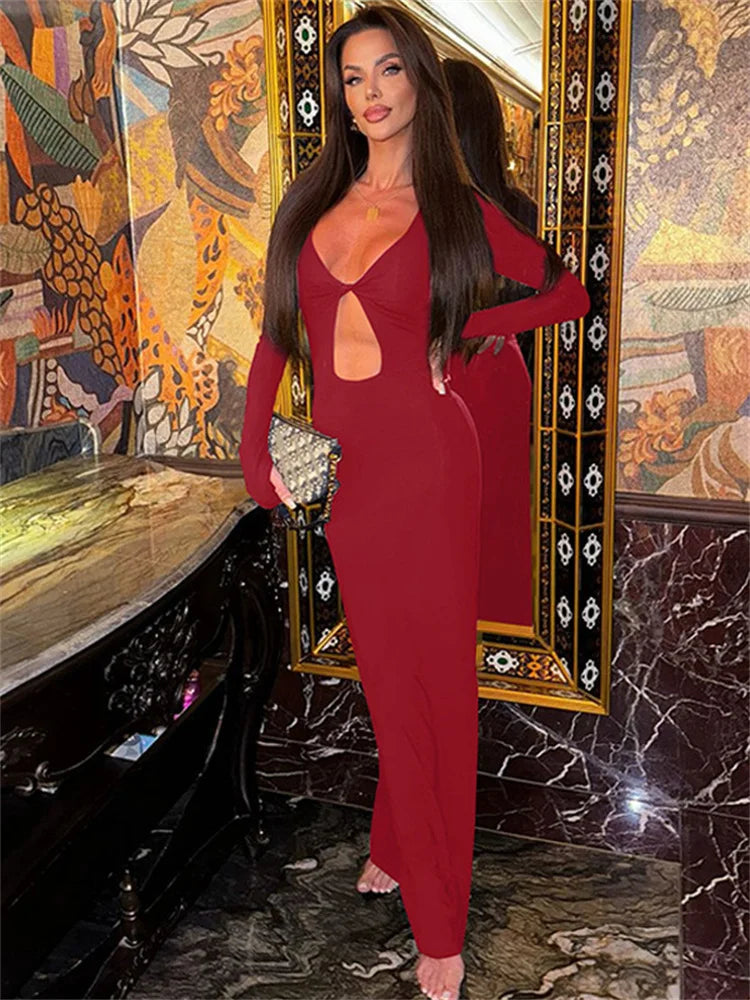 Hollow Out Slim Maxi Dress for V-neck High Waist Patchwork Autumn Party Dress Female Black Dress