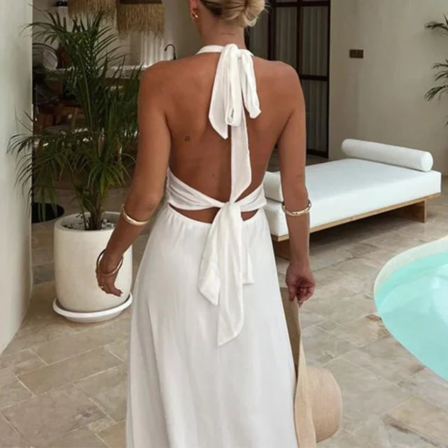 Halterneck V-neck Backless Dresses Party High Waist Slit Sleeveless Long Dress Lace-up Evening Dress