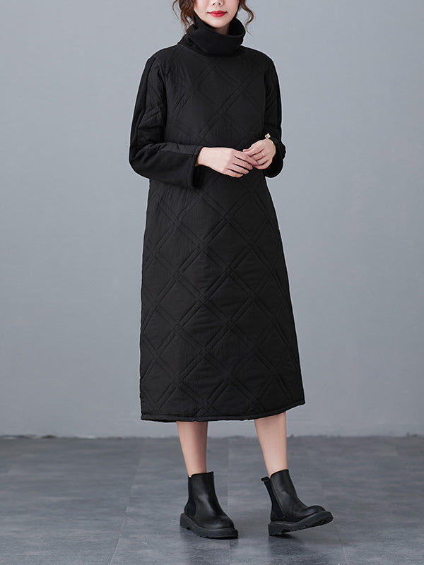 A-line Long Sleeves Color High-neck Midi Dresses