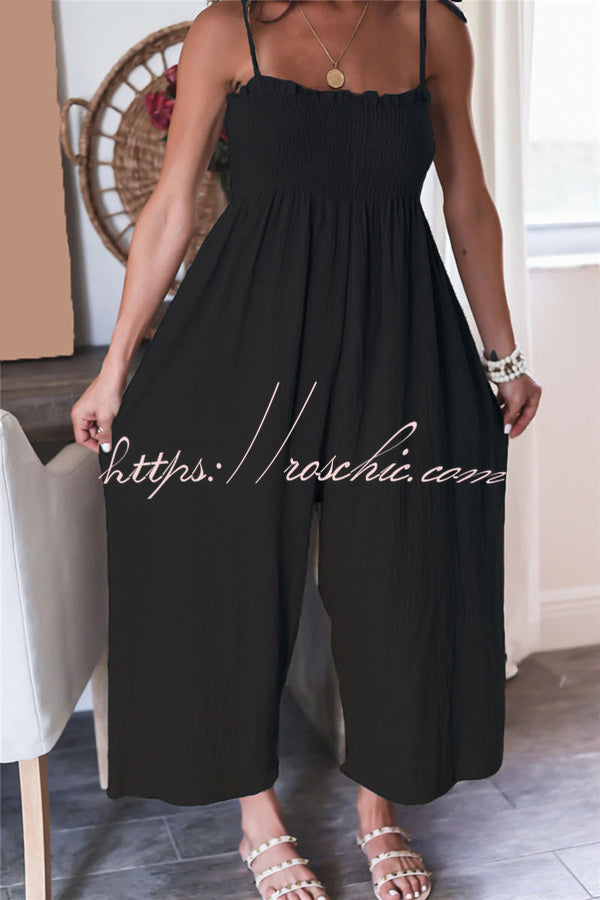 Color High Waist Linen Blend Suspender Pleated Jumpsuit