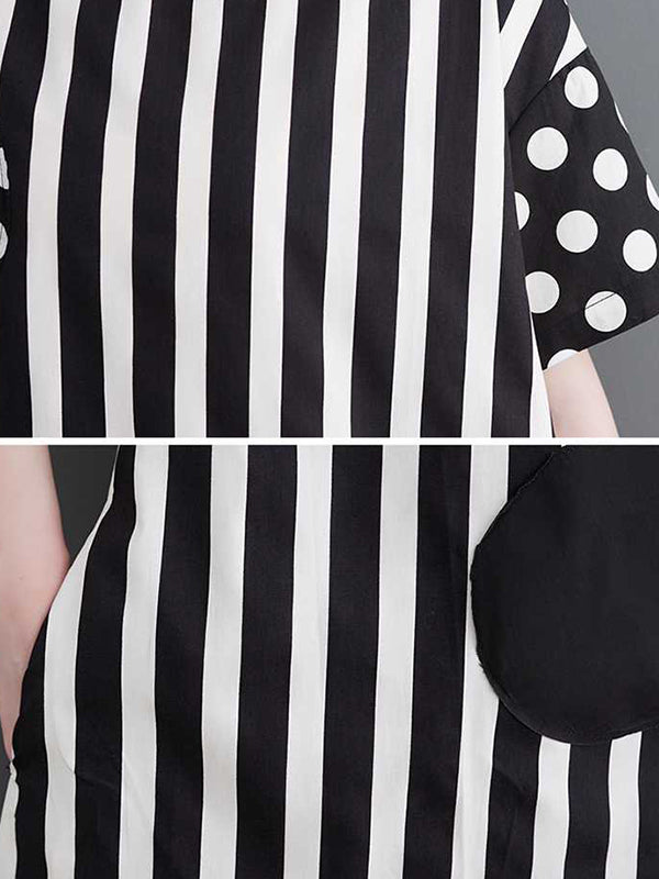 Loose Short Sleeves Polka-dot Striped Round-neck Midi Dresses