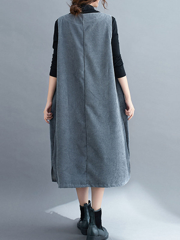 Corduroy Sleeveless Split-joint Round-neck Midi Dress