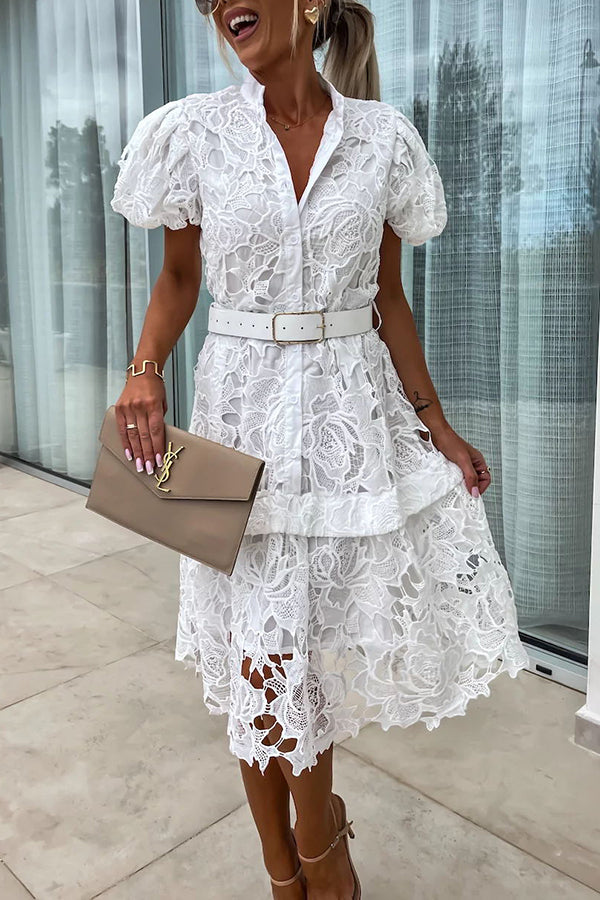 Absolutely Crochet Lace Puff Sleeve Belted Shirt Midi Dress