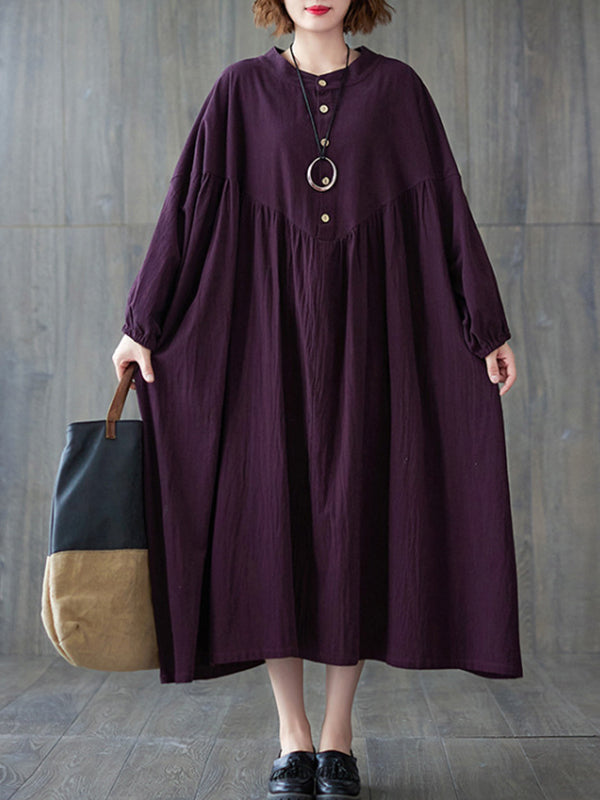 Loose Puff Sleeves Pleated Color Stand Collar Midi Dresses