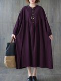 Loose Puff Sleeves Pleated Color Stand Collar Midi Dresses