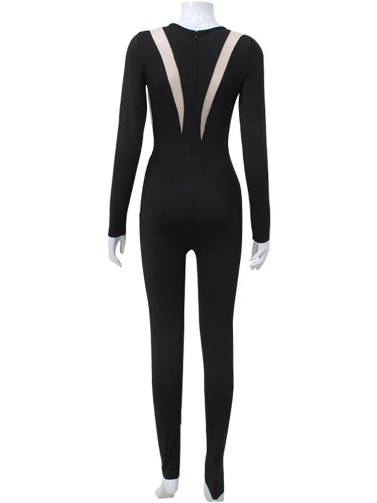 Mesh Stitching Jumpsuit Long Sleeve Bodycon One Piece See Through Monos Mujer Elegante Club ’s Playsuit