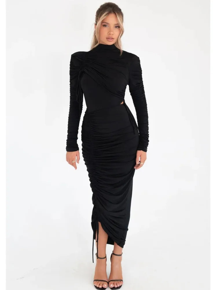 Long Sleeved Elastic Tight Pleated Maxi Dress Slim Party Club Evening Dress Autumn Winter New Vestido