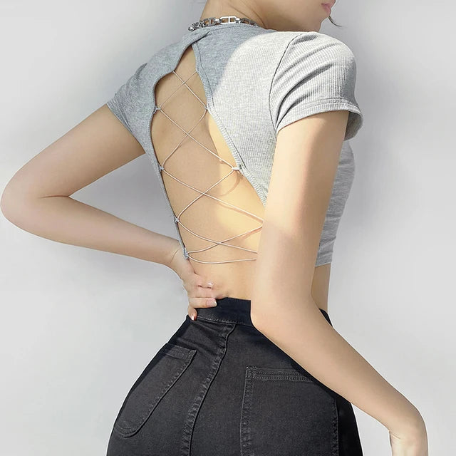 ’s O-neck Backless T-shirt Short Sleeve Color Crop Top Summer Baby Tee Y2k Clothes Skinny Tunics Tops