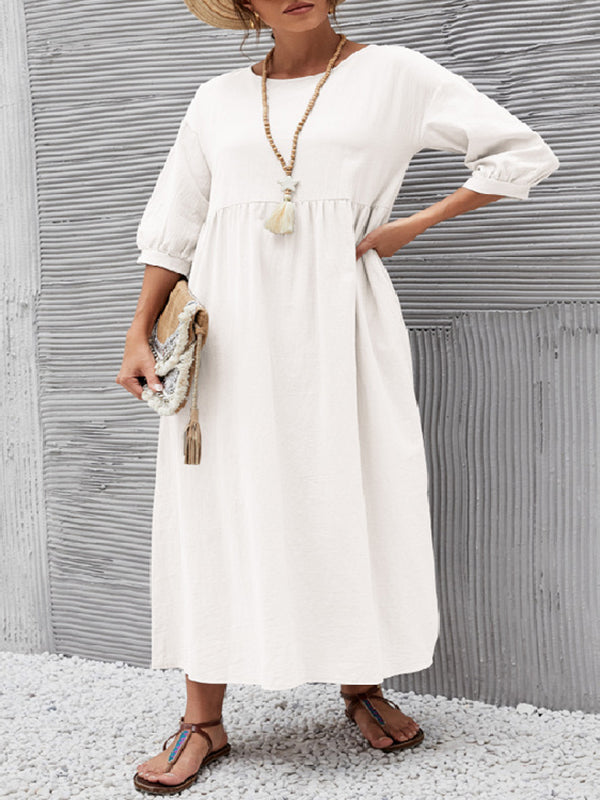 11 Colors Simple Round-neck Color Midi Dress