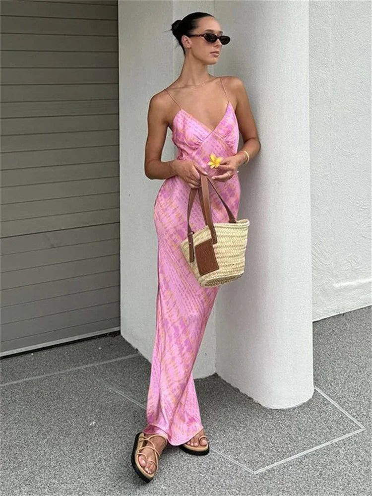 Printed Contrast Maxi Dress ’s V-neck Backless Side Split Slim Autumn Party Dress Female Clothes