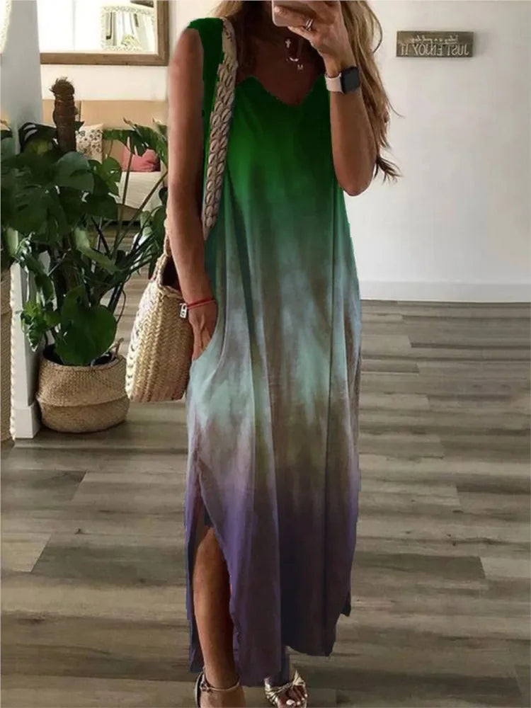 Gradient Tie Dye Print Sleeveless Long Dresses V-neck Loose Slit Vest Dress Female Summer A-line Vestidos
