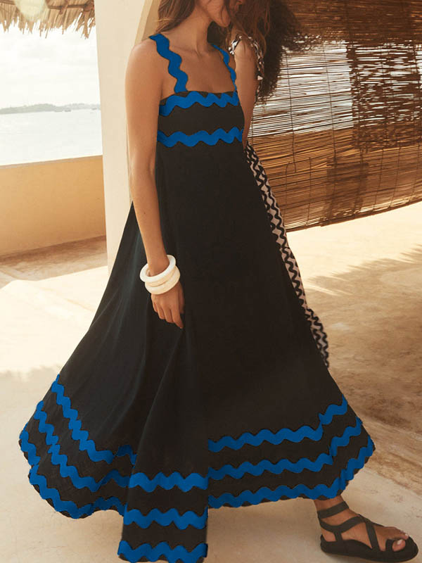 A-line High Waisted Contrast Color Zipper Square-neck Midi Dresses