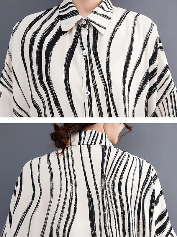 Raglan Sleeve Oversize Zebra-stripe Split-joint Lapel Midi Dresses Shirt Dress