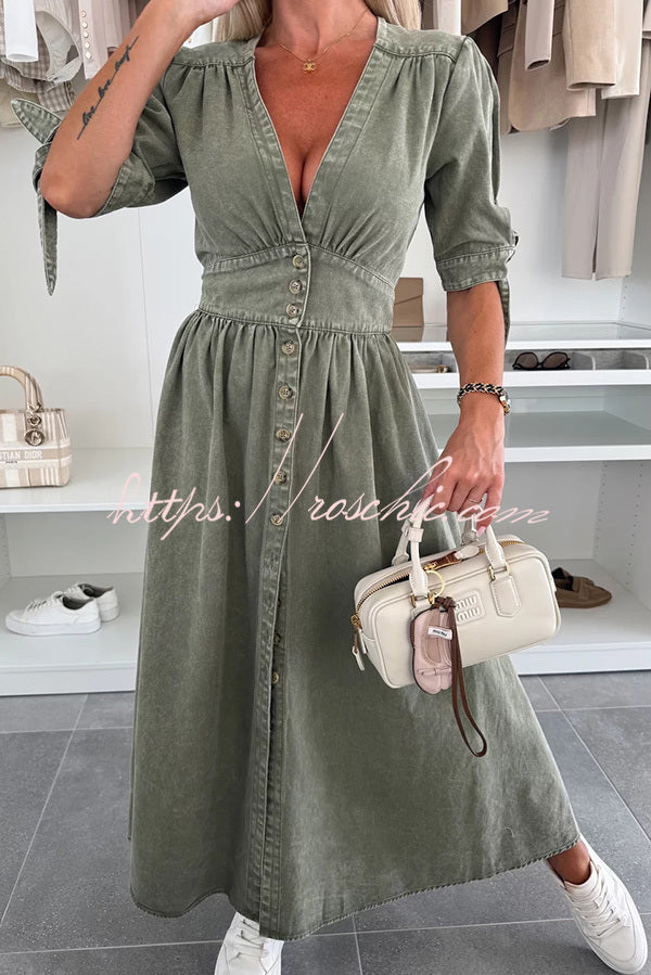 Color V-neck Button-down Denim Midi Dress