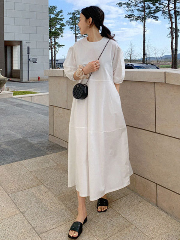 Round-neck Bishop Sleeve Loose Color Midi Dress