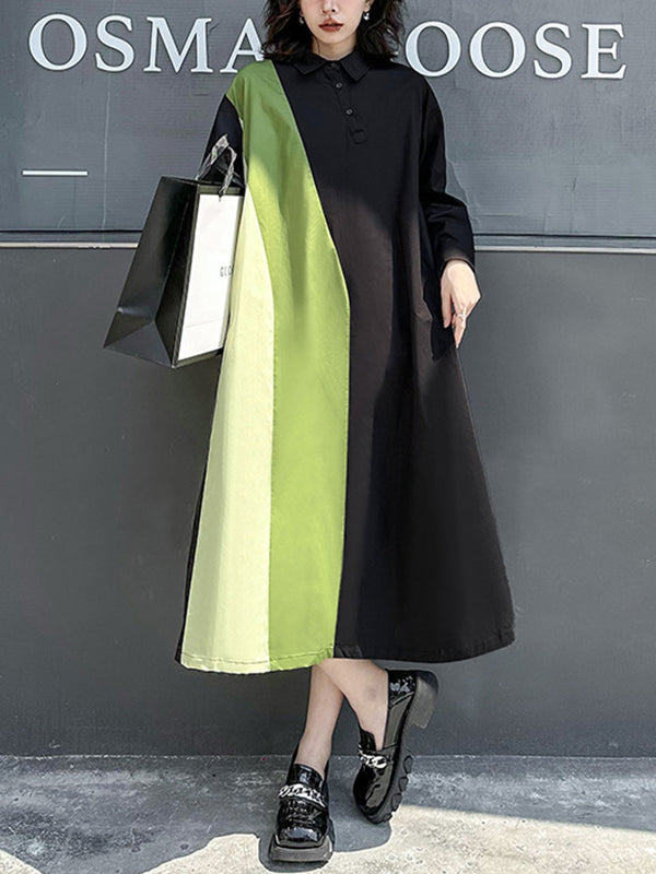Long Sleeves Loose Asymmetric Buttoned Contrast Color Split-joint Lapel Midi Dresses Shirt Dress
