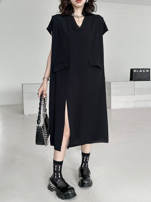 Loose Short Sleeves Asymmetric Color Split-joint Split-side V-neck Midi Dresses