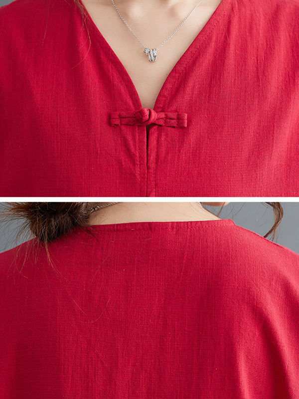 A-line Loose Chinese Frog Buttons Pockets Color Split-side V-neck Midi Dresses