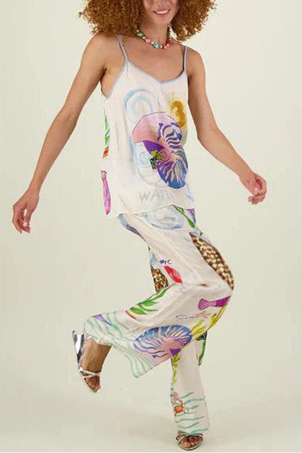Dream Ocean Satin Unique Print Back Elastic Waist Pocketed Wide Leg Pants